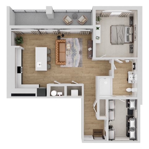 Floor plan for 1 bed, 1 bath, 836 sqft